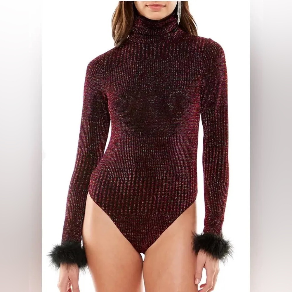 WAYF Besos Metallic Turtleneck Long Sleeve Feather Bodysuit